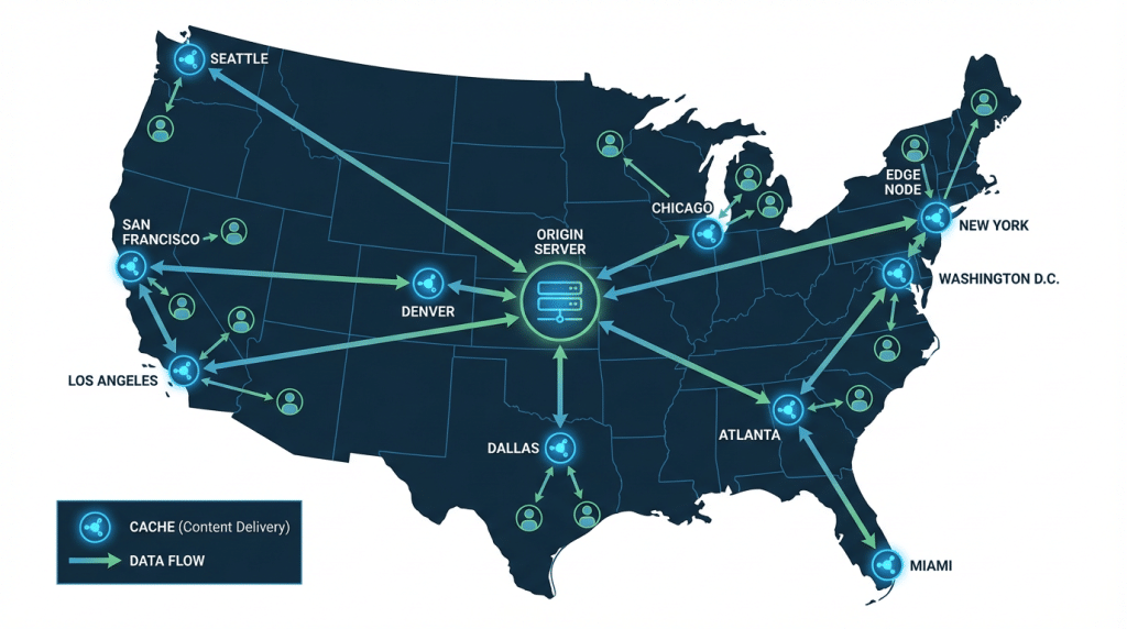 CDN edge caching diagram showing faster delivery of website assets across the United States.