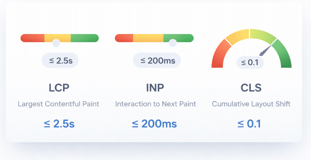 Core Web Vitals targets for page speed: LCP under 2.5 seconds, INP under 200 milliseconds, CLS under 0.1.