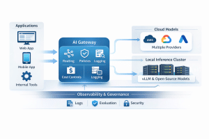 AI system diagram with apps connecting through a gateway to cloud models and a local inference cluster, supported by logging, evaluation, and security controls.
