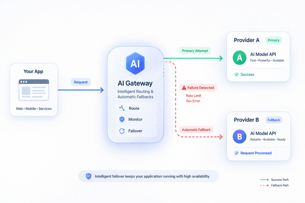 Diagram of an AI gateway routing requests to a primary provider, with an automatic fallback to a secondary provider when errors such as rate limits or server failures occur, ensuring continuous uptime.