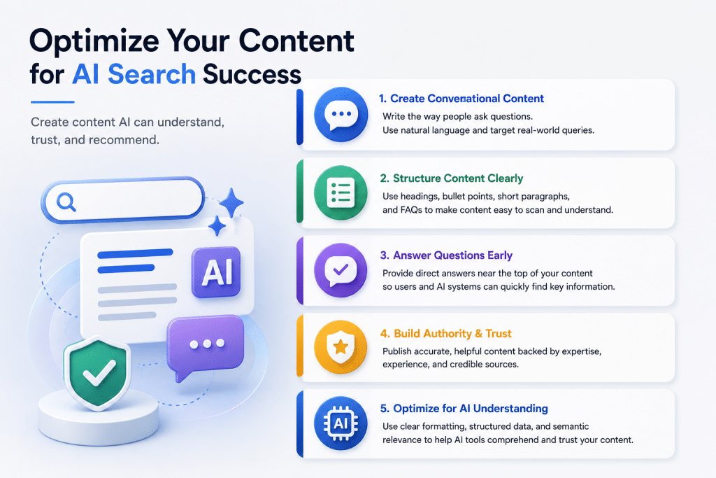 Checklist showing how businesses can optimize content for AI-driven search behavior
